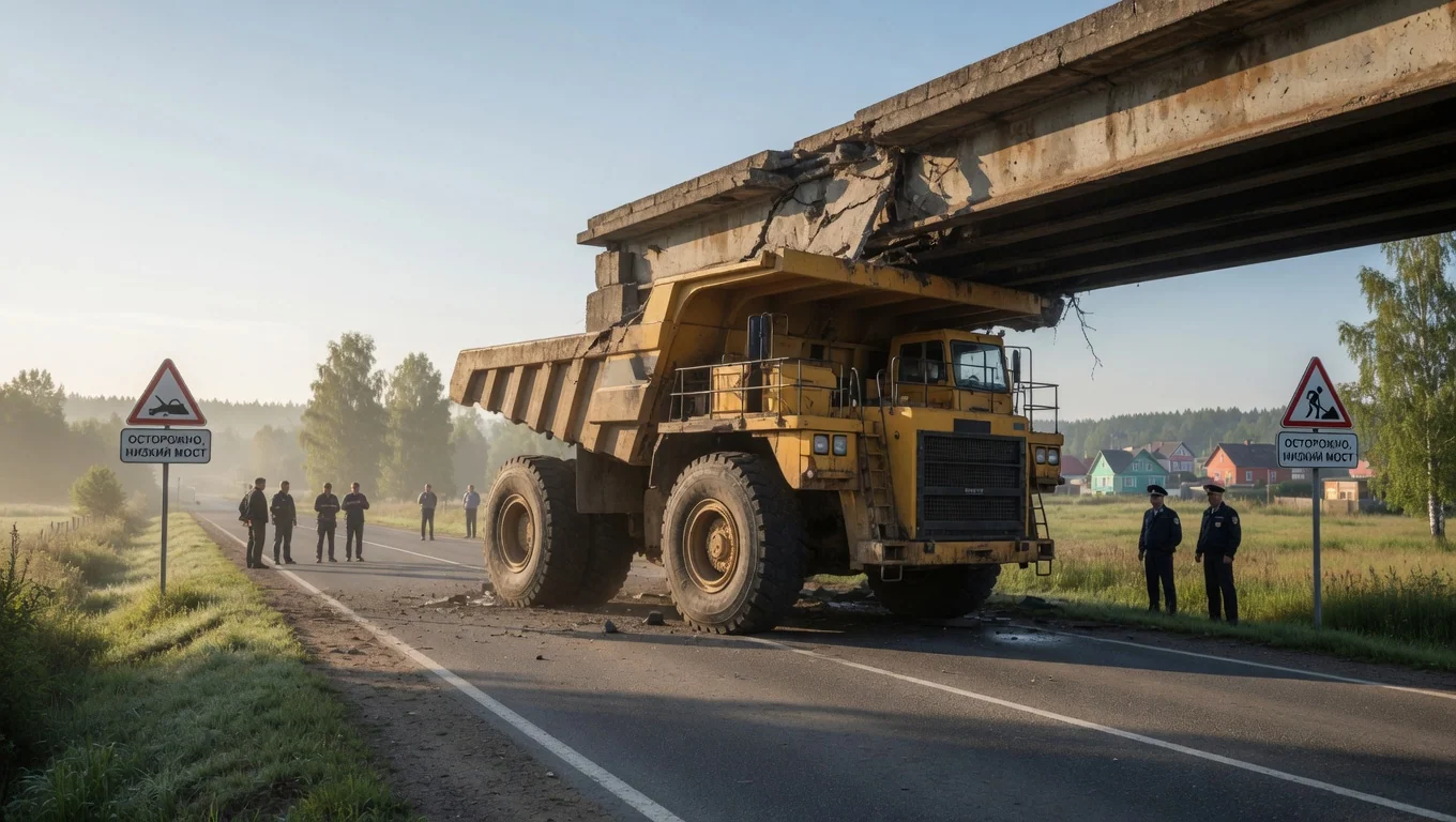 БелАЗ застрял под путепроводом в Белоруссии: что известно